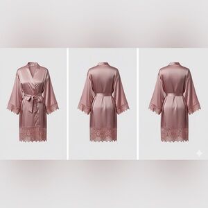 Elegant Pink Lace Trim Satin Robe